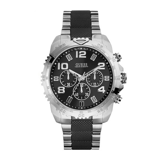 Guess Men's U0598G3 Sporty Silver-Tone Stainless Steel Watch with Multi-function Dial and Deployment Buckle
