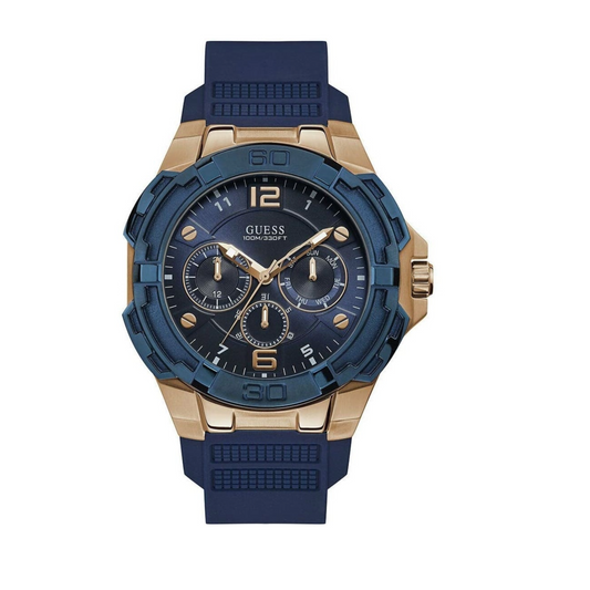 Guess w1254g3 contrast lug chronograph round silicone analog watch for men - blue gold